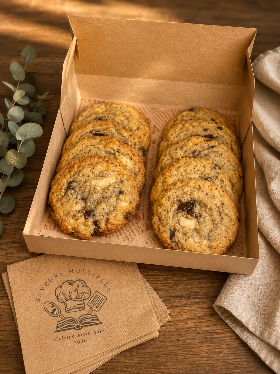 Cookies maison dorés présentés dans une boîte artisanale