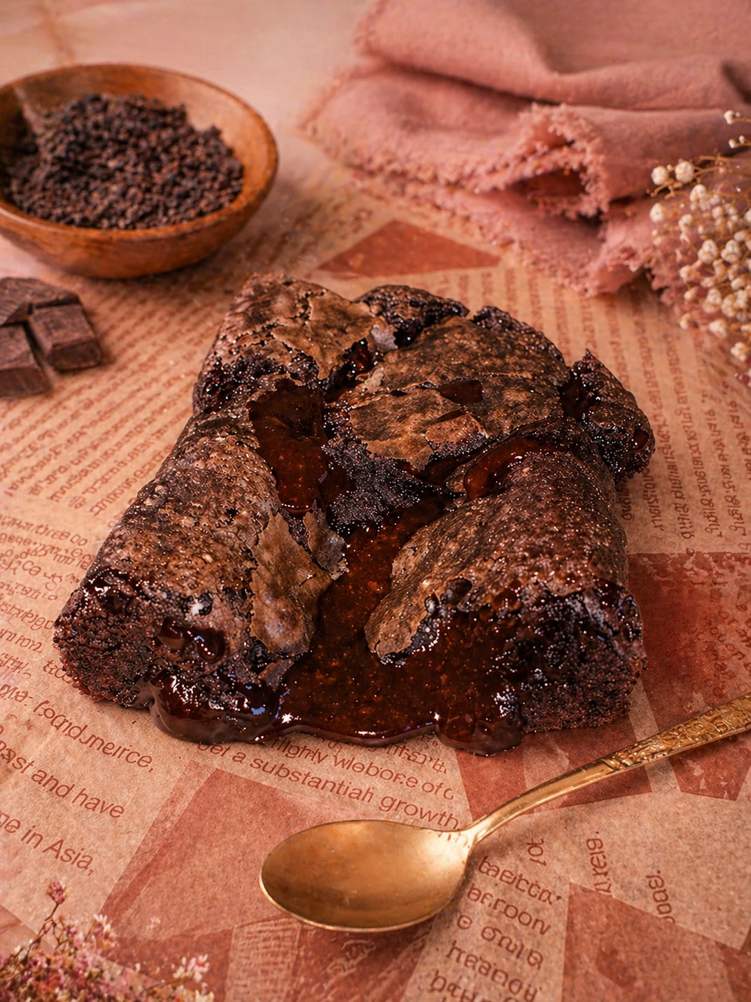 Fondant au chocolat coulant servi avec une cuillère